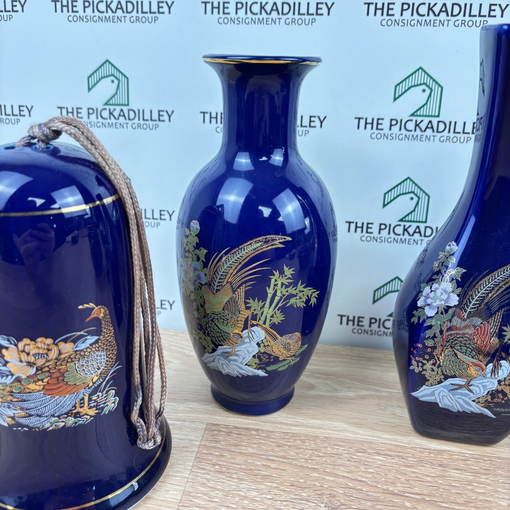 5pc Chinese Cobalt Blue Porcelain Set Vases Bell Bowl Gilt Bird Crane Pheasant - Picture 3 of 13
